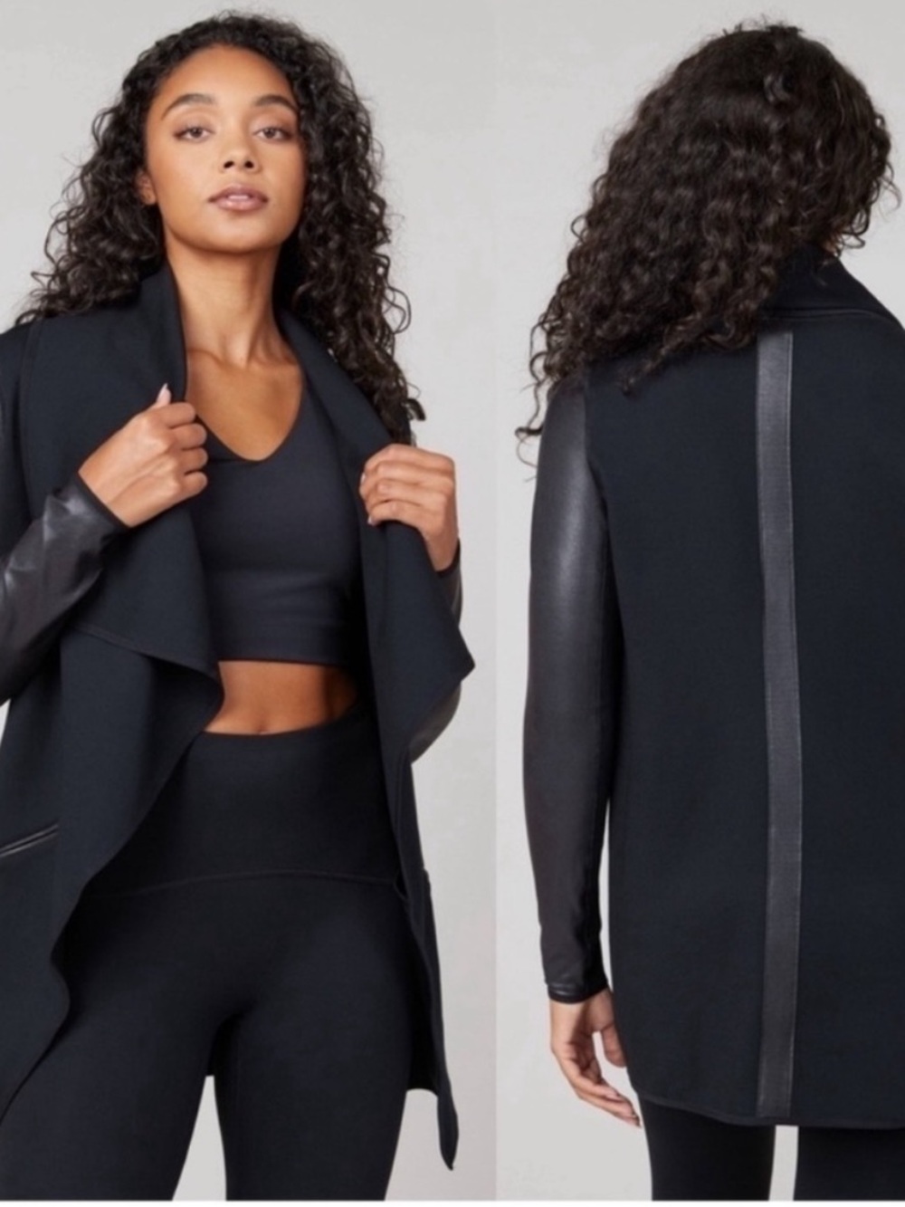 BLACK SPANX DRAPE FRONT CONVERTIBLE PONTE KNIT FAUX LEATHER JACKET medium